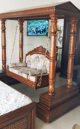 Wooden Twist Handmade Carved Teak Wood Swing with 2 Pillow ( Brown ) - WoodenTwist